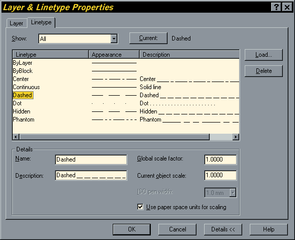 Layer & Linetype Properties Dialogue Box